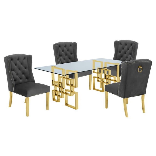 Rectangular Clear Glass 5pc Dining Set with Gold Stainless Steel Base