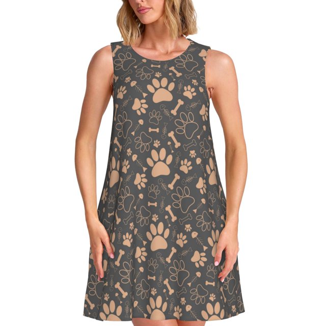 Fotbe Animal Paw Vestido de Verano sin Mangas para Mujer – Vestido Midi Línea A, Estilo Camiseta Floral, Vestido Playero Casual y Fluido