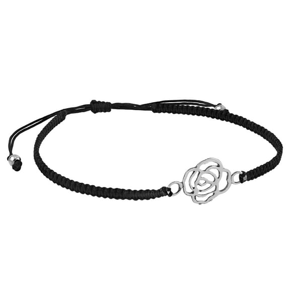 Sweet Open Abstract Rose Sterling Silver Charm Black Rope Adjustable Bracelet