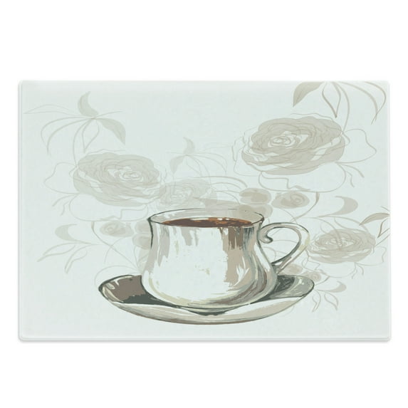 Espresso Cutting Board, Hand Drawn Inspired Drawing of a Coffee Cup and Romantic Roses in Mute Tones, Decorative Tempered Glass Cutting and Serving Board, in 3 Sizes, by Ambesonne
