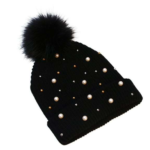 Yokua Pearl Pompom Knitted Hat Woolen Hat Beanie Hat Thicken Gift for Xmas Halloween