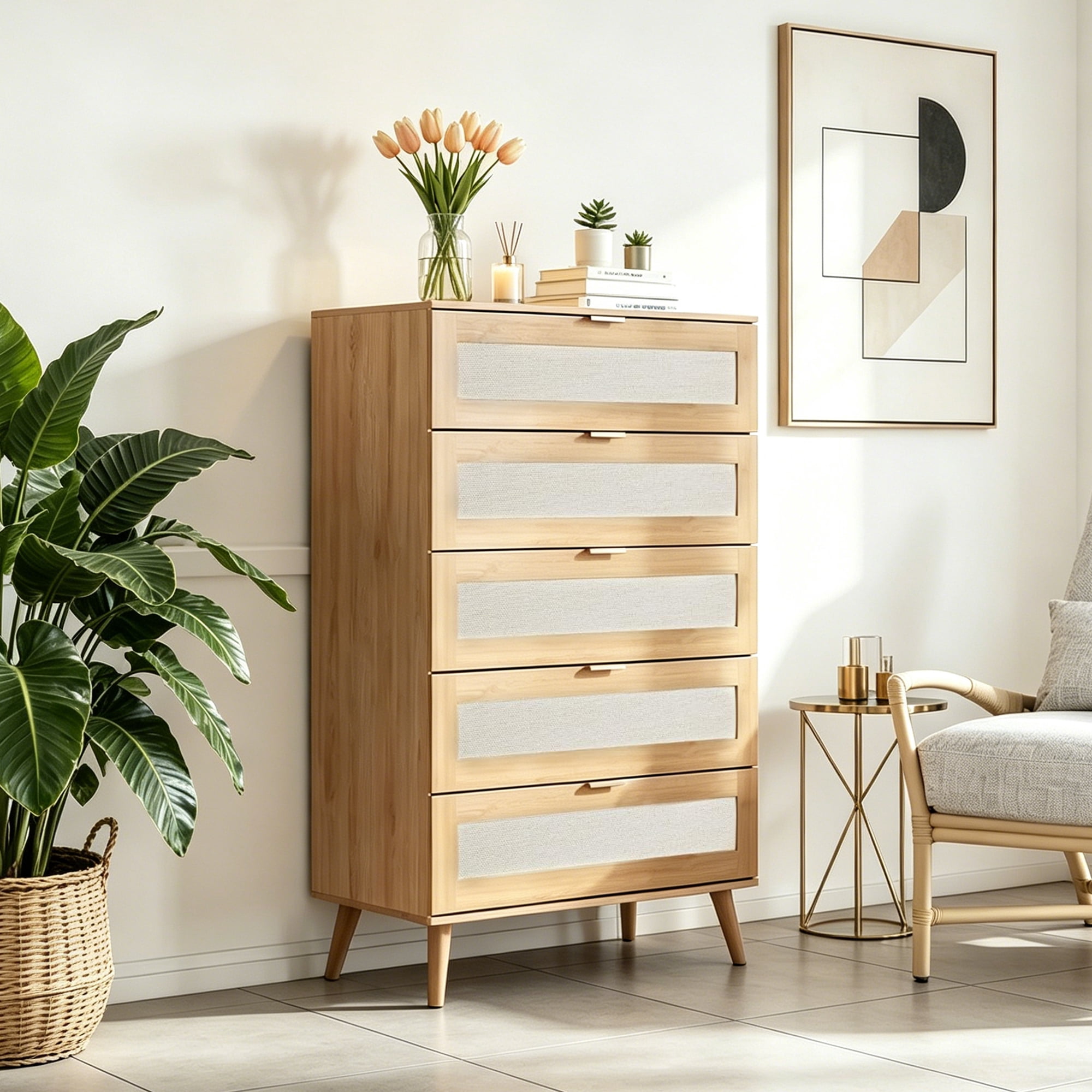 GALAXHERO Rattan 5 Drawer Dresser, Wooden Chest of Drawers, Boho Tall Dresser Closet Storage Organizer for Bedroom, Living Room, Hallway, Light Oak