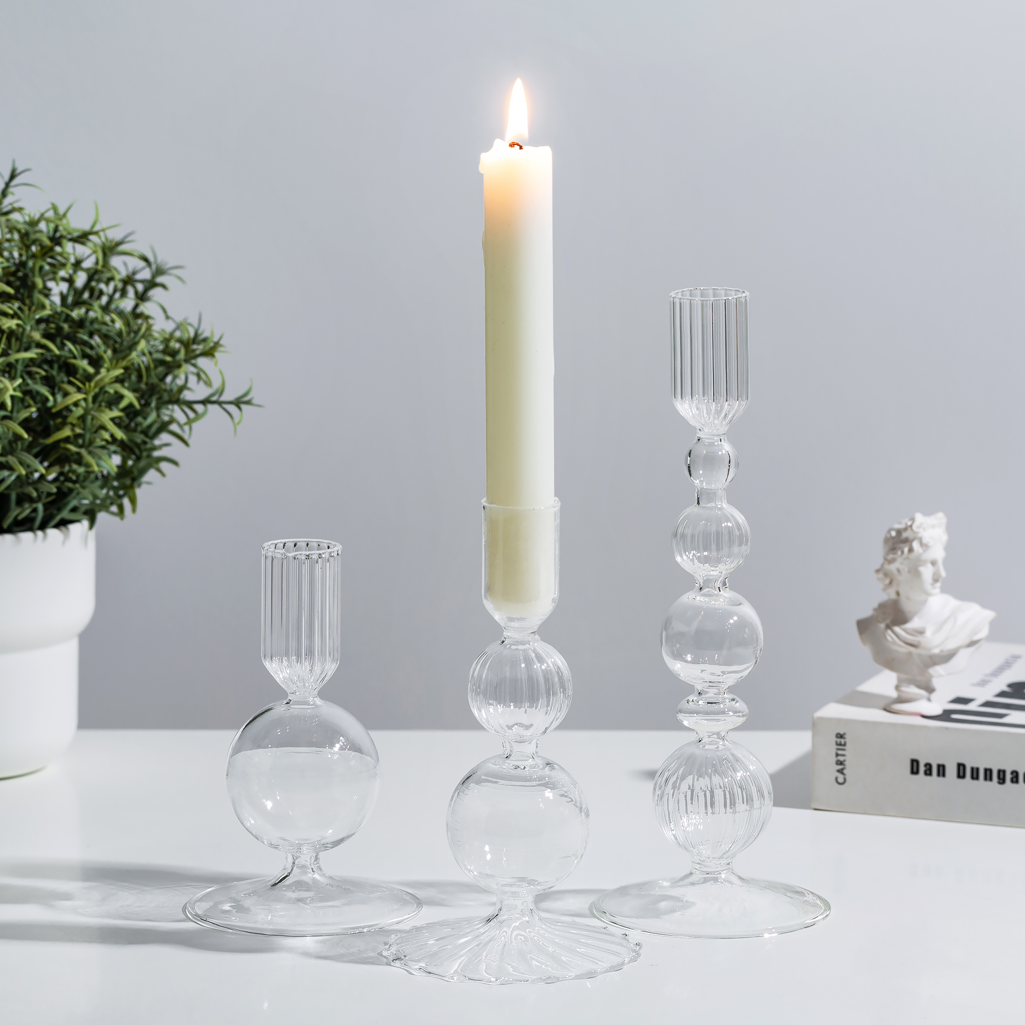 Glasseam Set of 3 Clear Glass Taper Candle Holders: Modern Christmas Wedding Table Centerpiece Decorations Ideal Gift Idea