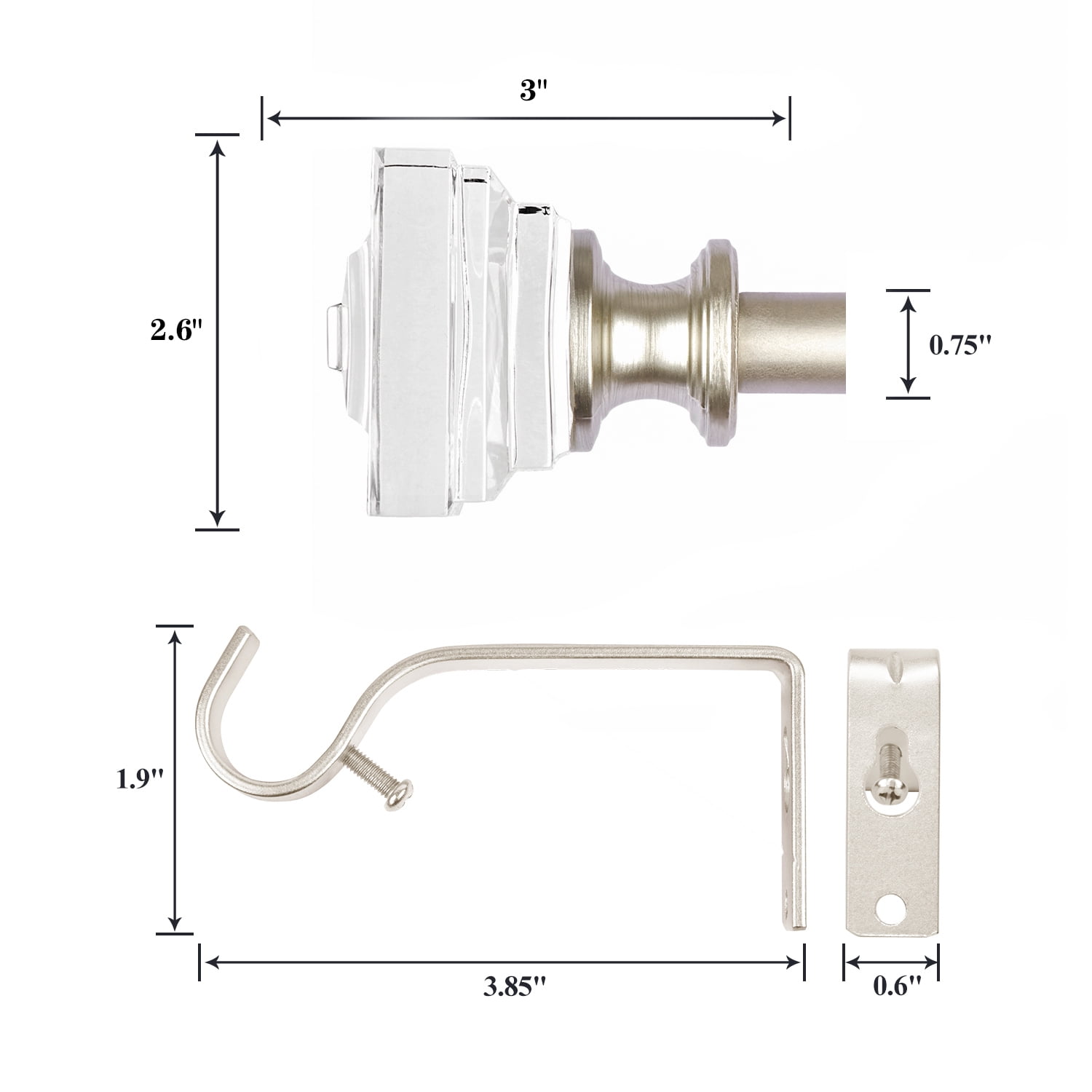 3/4" Diameter Standard Decorative Window Curtain Rod, Adjustable Curtain Rod for Windows , Acrylic Square Finials