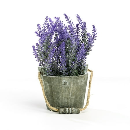 Vintage A Bouquet of Artificial Lavender Flowers Faux Plants Potted in a Rustic Gray Wooden Planter Pot Garden (Best Lavender For Pots)