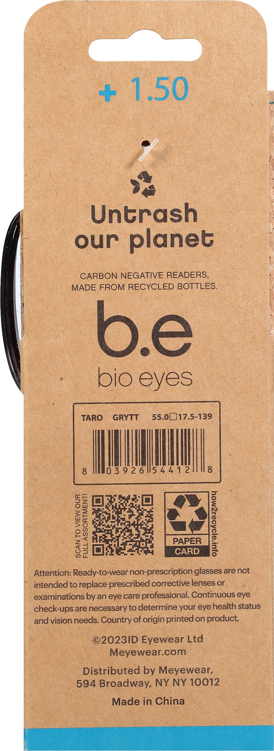B.E Bio Eyes Mens Rectangular Reading Glasses Made from Recycled Plastic Taro +1.50 in Grey