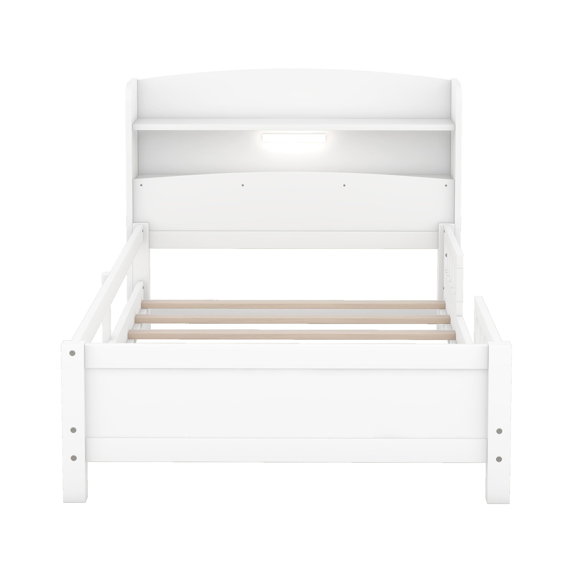 Harper & Bright Designs Kids Twin Size Bed with Storage Headboard and Built-in LED Light, Wood Twin Platform Bed Frame with Guardrail for Girls Boys, Antique Gray