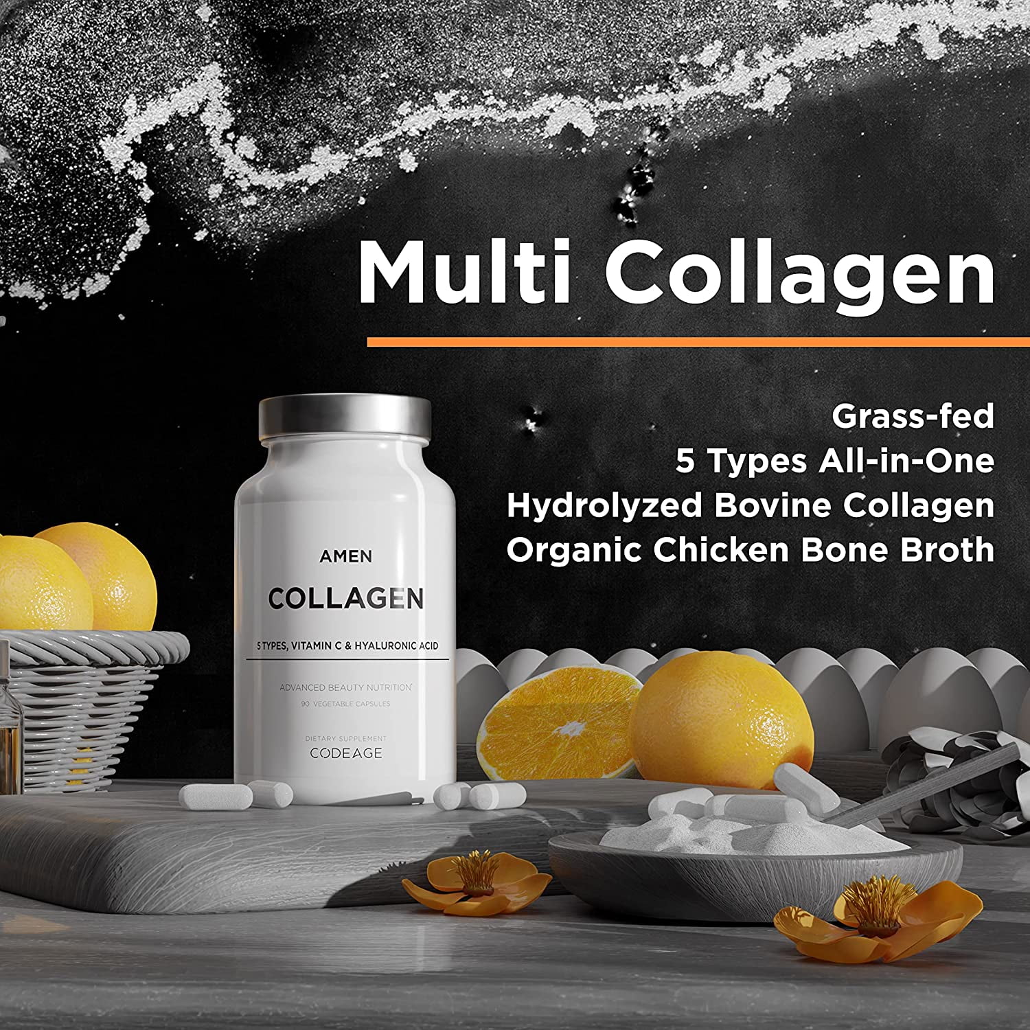 Amen Collagen Peptides Capsules, Hyaluronic Acid, Vitamin C, 90 Ct