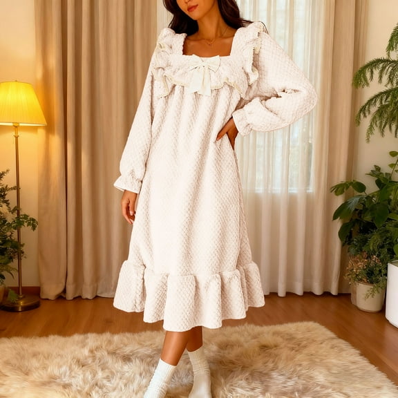 Women's Long Sleeve Nightgown Winter Square Neck Housecoat Warm Fleece Sleep Dress Cute Cozy Nightdress New Sleepshirts for Women Soft Beige XXL