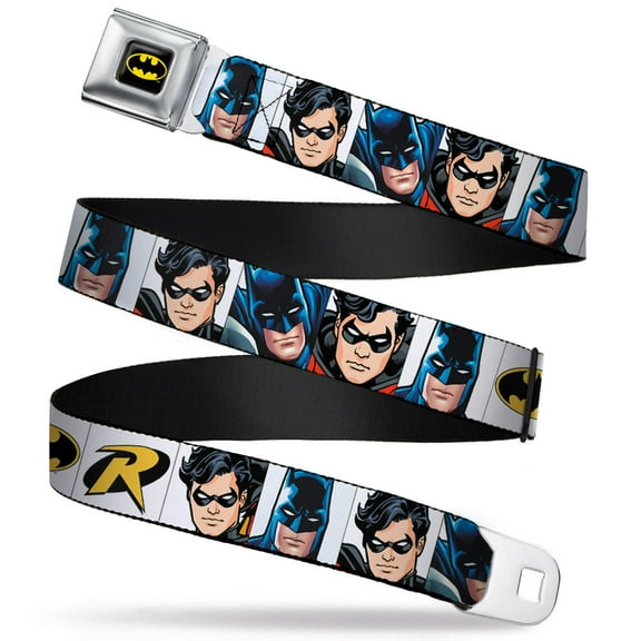 DC Comics Belt, Seatbelt Buckle Belt, Batman Robin Blocks White, Youth 22 to 32 Inches