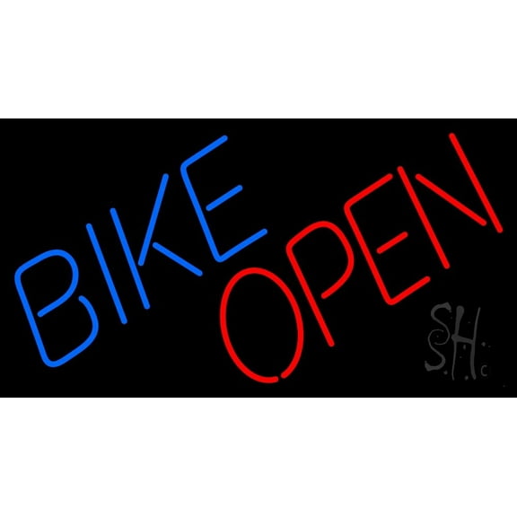 Blue Bike Red Open LED Neon Sign 20 x 37 - inches, Clear Edge Cut Acrylic Backing, with Dimmer - Bright and Premium built indoor LED Neon Sign for automotive store, and mall.