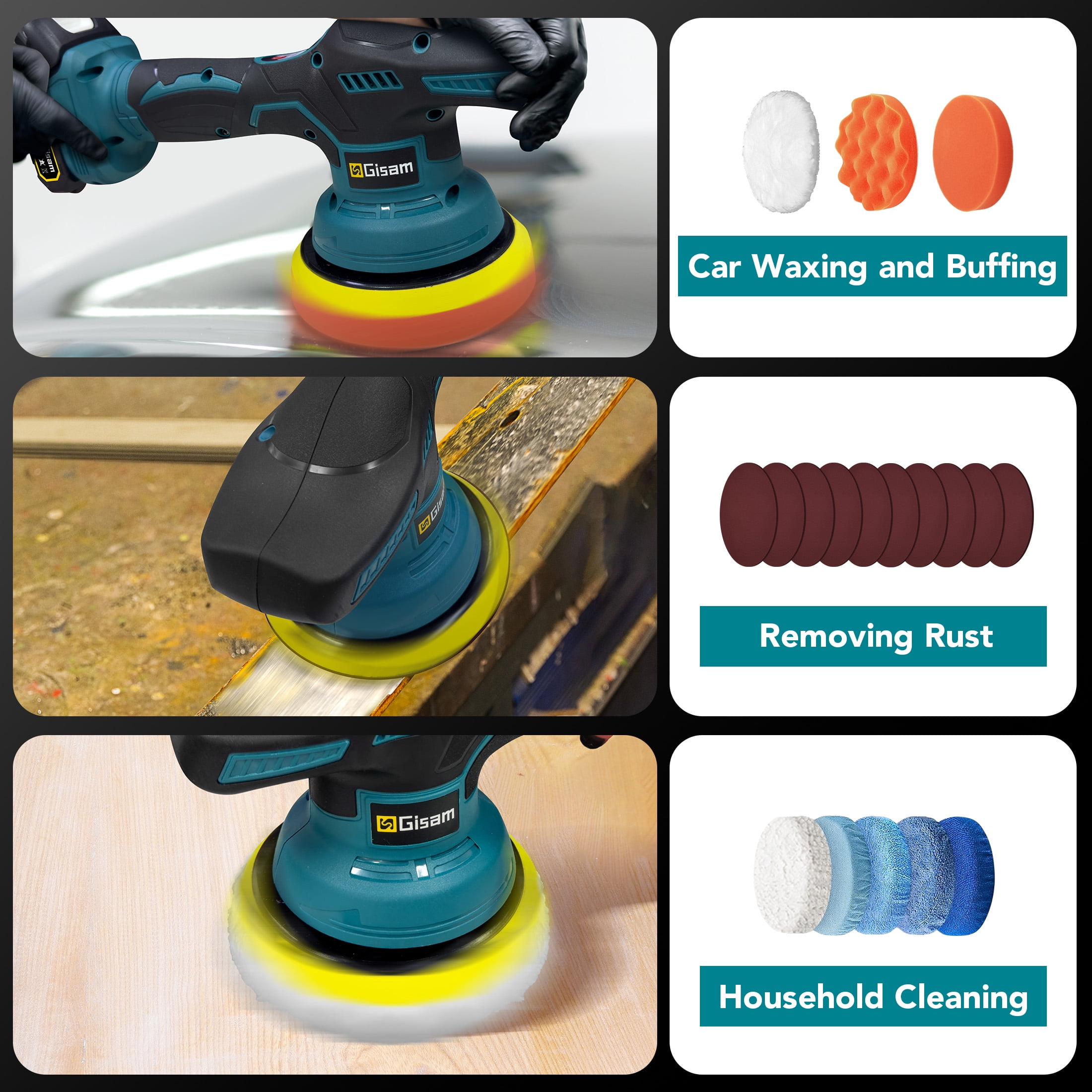 Gisam Cordless Car Buffer Polisher, 8 Variable Speed Auto Orbital Polishing Kit, with 2*21V 2.0Ah Battery for Car Wood Detailing/Polishing/Waxing/Scratch Removing
