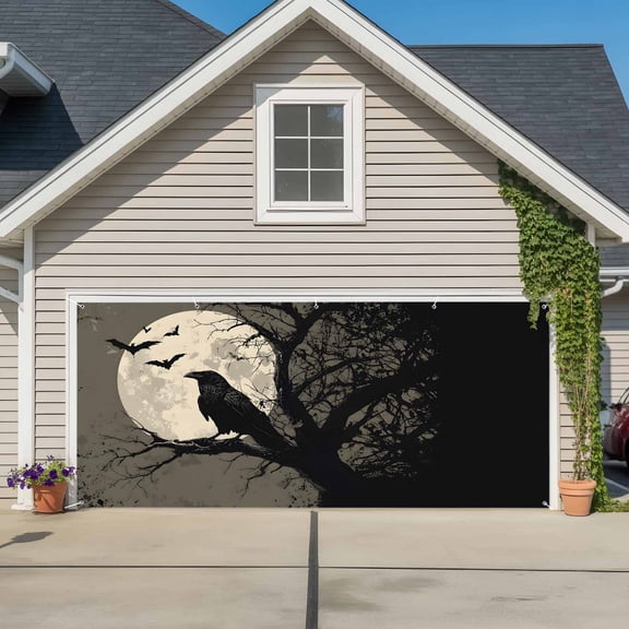 Halloween Garage Door Cover Banner 7 x 8 FT, Horror Bat Crow Full Moon Beige Black Garage Door Curtains Backdrop with Grommets for Indoor Outdoor Wall Party Porch Yard Decorations Background