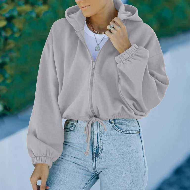 yoeyez Cropped Fall Jackets for Women Zip Up Oversized Hoodie Solid Color  Drawstring Hooded Sweatshirt Long Sleeve Coat 