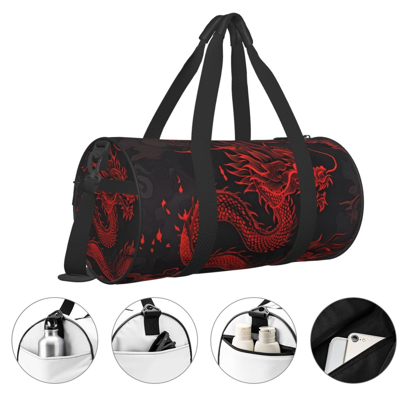 Defioc Red Dragon On Black for Travel Duffle Bag,Weekender Bag Carry On Tote Bags Hospital Bag Large Capacity Sport Gym Bag for Men Women Fit for Trave, Gym,Weekend