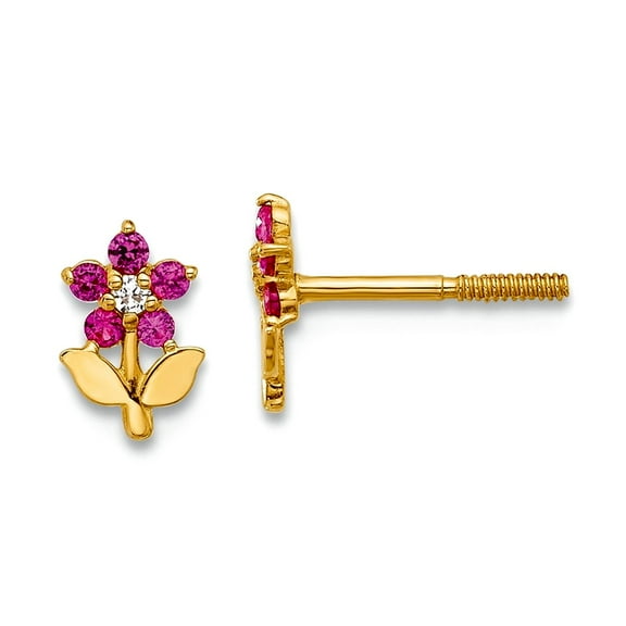 14k Solid Gold Polished Dark Pink and White CZ Flower Screw Back Post Earrings 6.75x4.4mm Wide Stud Earring for Women