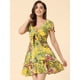 thumbnail image 4 of Vestido floral Allegra K para mujer con cuello En V profundo nudo de corbata volantes escalonados mini vestido Amarillo L, 4 of 6