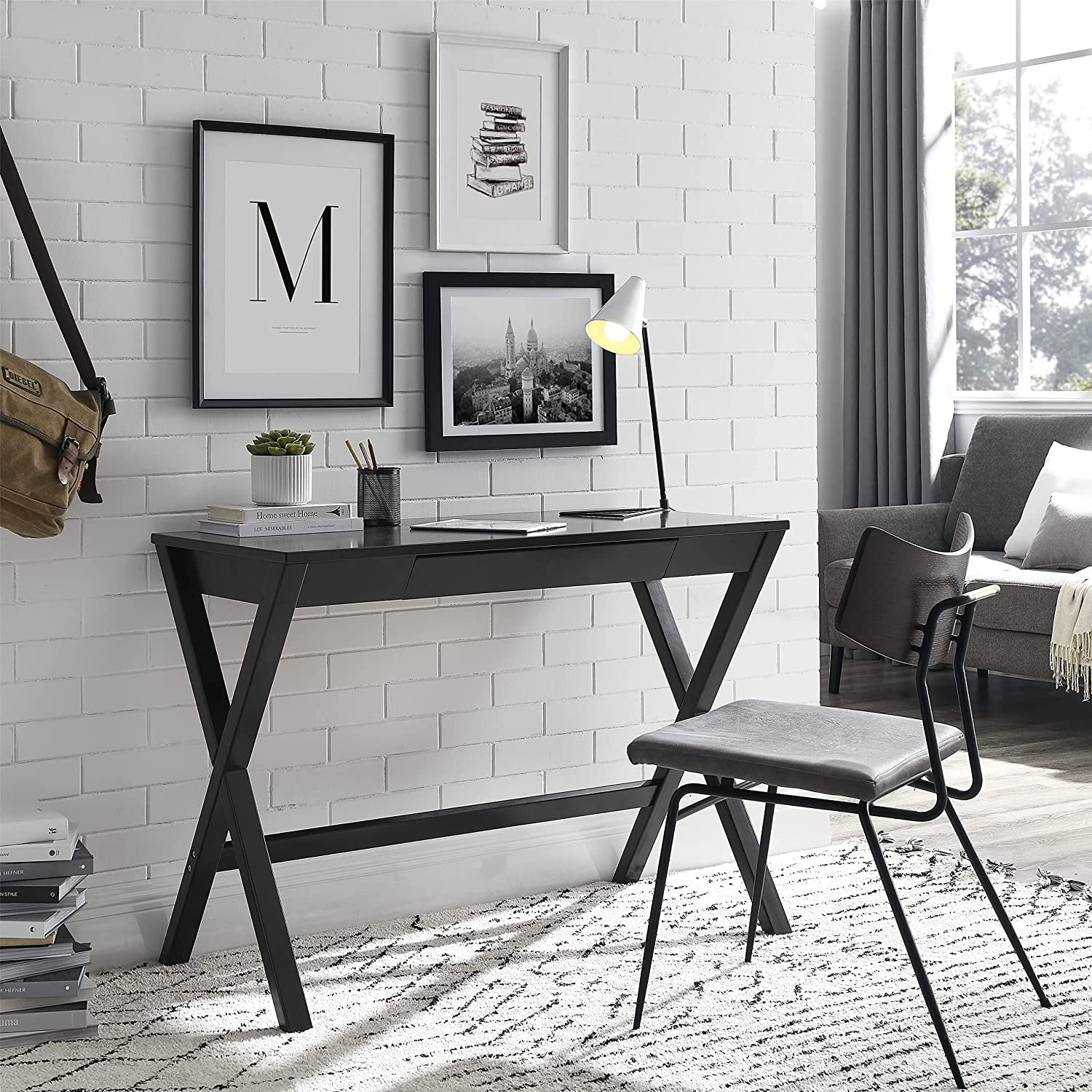 MUSEHOMEINC Wood 42 Inchs White/Black Desk with Drawer, Contemporary