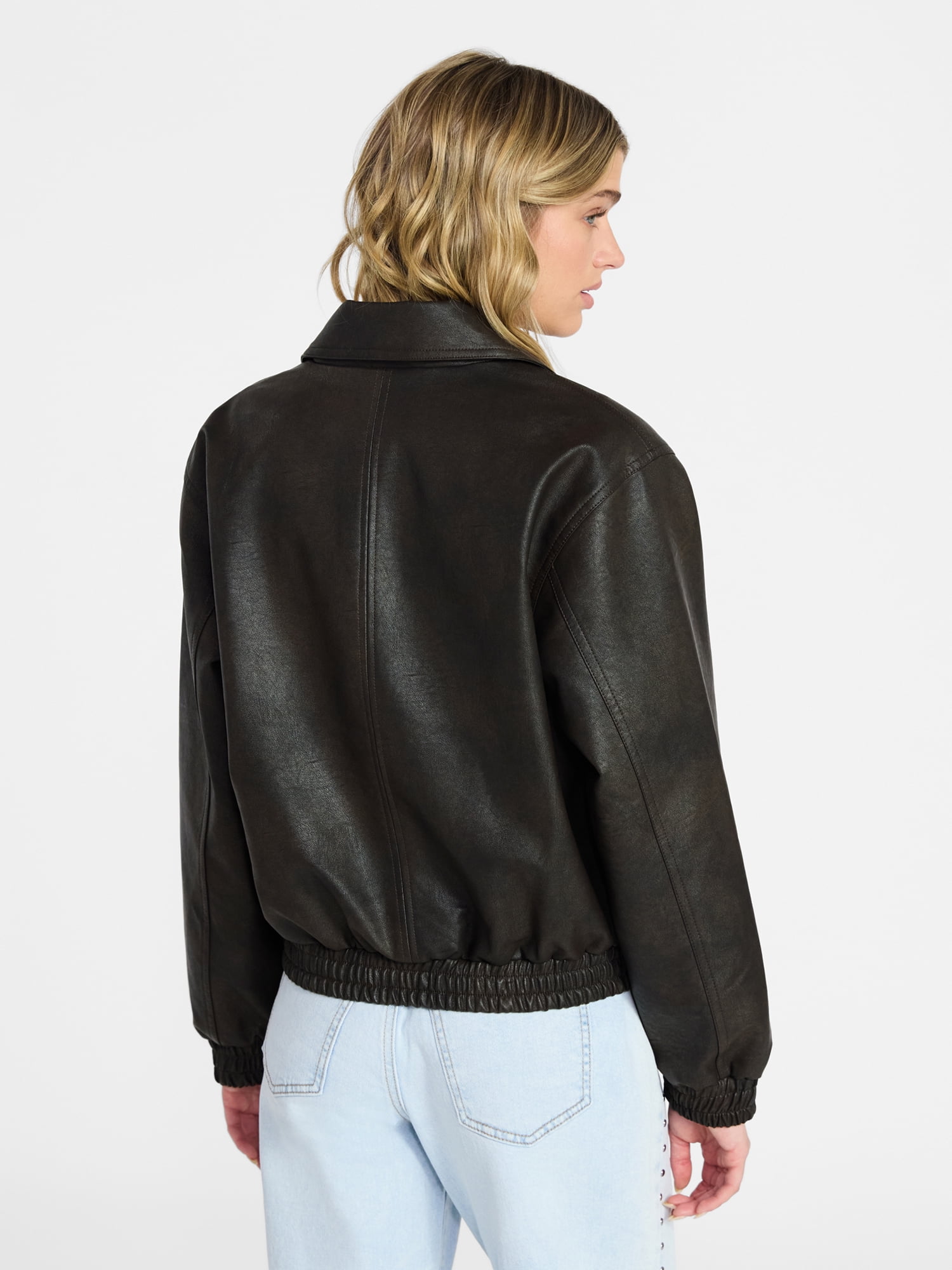 No Boundaries Relaxed Fit Faux Leather Jacket, Women's XXS-XXL