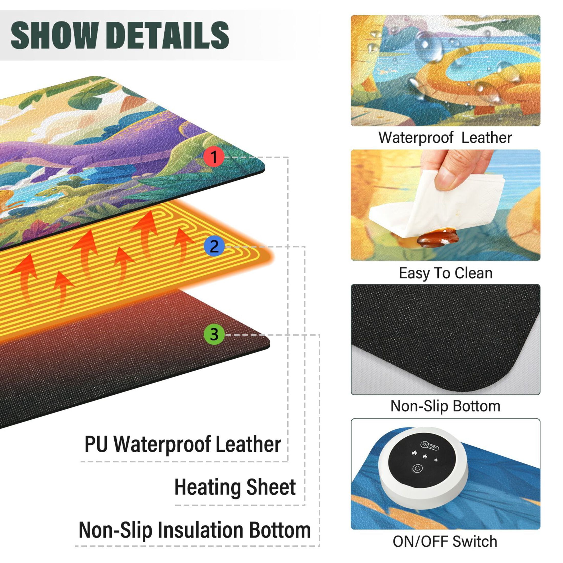 Large Heated Desk Mat Mouse Pad 31.5"x13"PU Leather Graphene Heating Desk Warmer with 3 Temperature Settings 110V US Plug Non-Slip Warm Pad for Home, Office, and Gaming Cute Dinosaur Volcano Scene