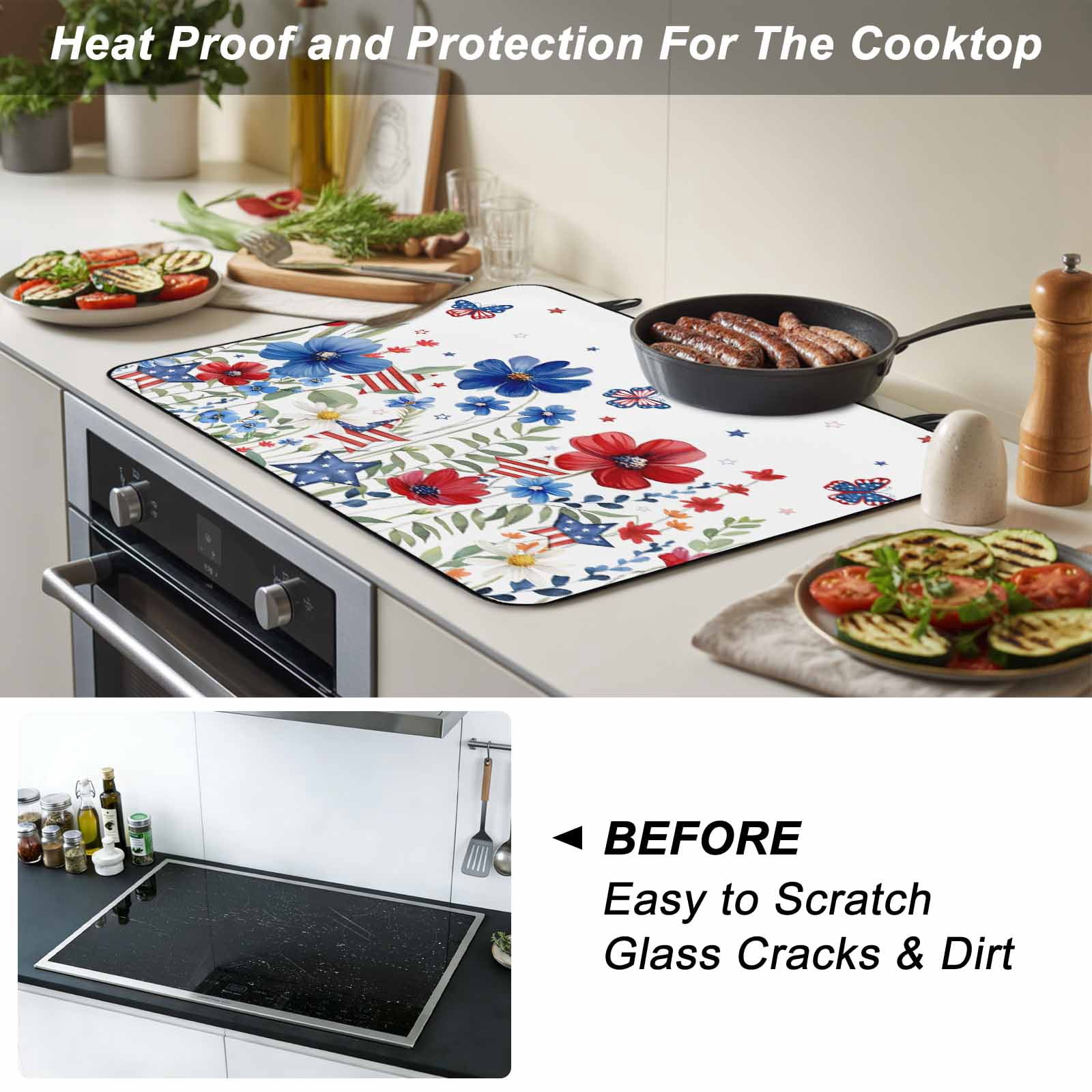 Blue Red Spring Floral Stove Top Cover for Electric Stove, Heat-proof & Non Slip Glass Top Stove Cover Protector, Pastoral Flowers Butterflies Watercolor Kitchen Flat Cooktop Rubber Mat 24x21 Inches