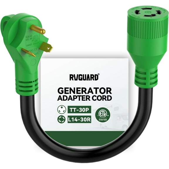 RVGUARD 30 Amp to 30 Amp Generator Adapter Cord 12 Inch STW, TT-30P Standard Male Plug to L14-30R Locking Female, Green
