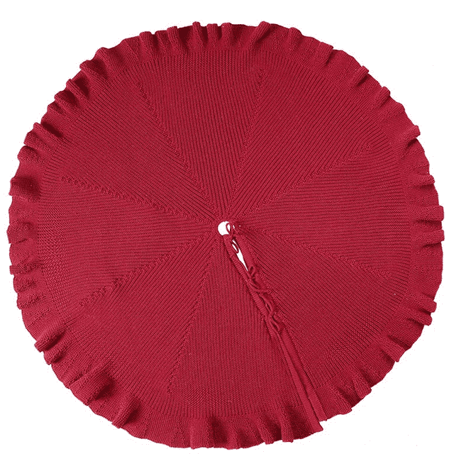 Farmhouse Western Decor, Hand-made Knit Tree Skirt 48 Inch, Burgundy Color, Elegant Cable Knitted Design With Ruffles For Christmas Trees From 5ft To 7ft