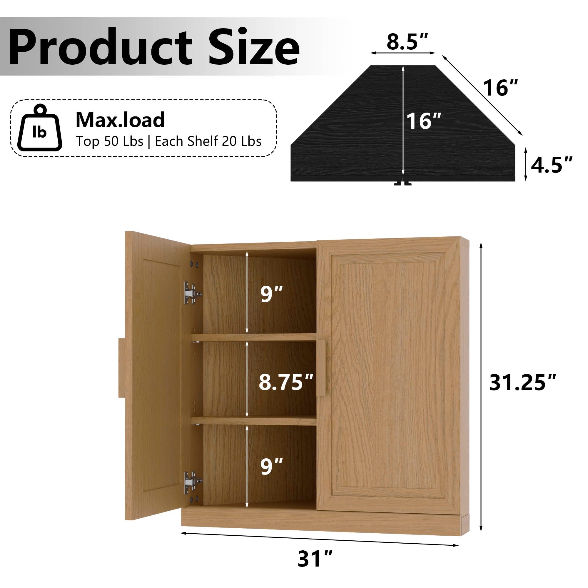 MAYEERTY 31x31x16 Inch Natural Wood Grain 2-Door Corner Storage Cabinet with Solid Wood Door