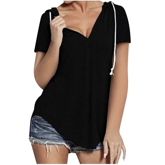 Npasoilc Plus Size Short Sleeves for Women V-Neck Drawstring Summer Hoodie Casual Loose Blouse Sweatshirt Pullover