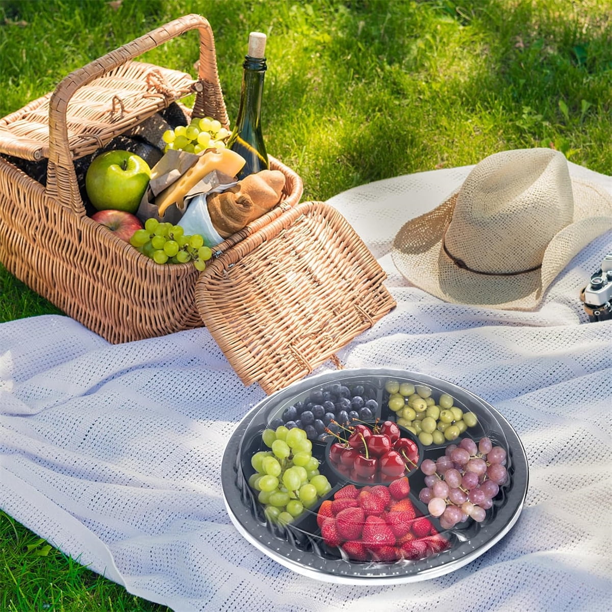 10pcs Stackable Round Serving Party Tray,6 Divided Compartment Fruit Tray,QZS Plastic Round Catering Container,Takeout Picnic Supplies for Salad,10.4x10.4x2In