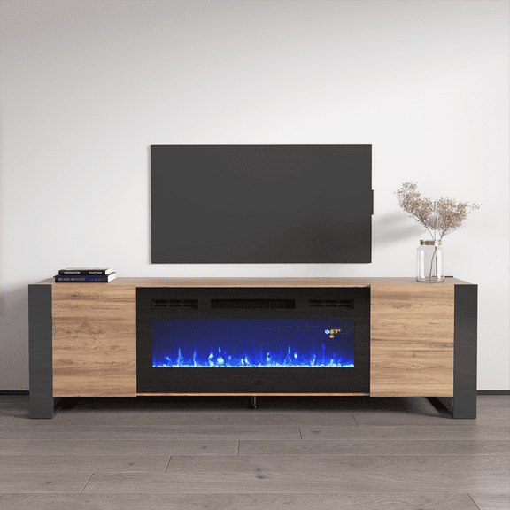 Woody BL-EF Fireplace TV Stand for TVs up to 85", Modern High Gloss 77" Entertainment Center, Electric Fireplace TV Media Console with Storage Cabinets