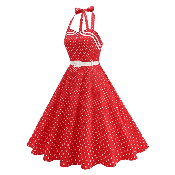Drovellove Womens Plus Size Polka Cocktail Swing Dresses Vintage 50s Buttons Belted Retro Rockabilly Swing Dress Pinup Formal Party Fit & Flare Halter Neck Sundress