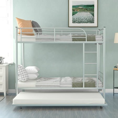 Bunk Beds Twin over Twin with Trundle and Built-in Ladder  Metal Bunk Bed Frame with Safety Guard Ladder for Kids Toddlers Adults  Can Be Divided into Two Beds  No Noise  Sliver