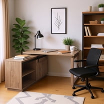 GOMYHOME L-Shaped Desk with Sliding Barn Door Credenza, Hazelnut Home Office Workstation