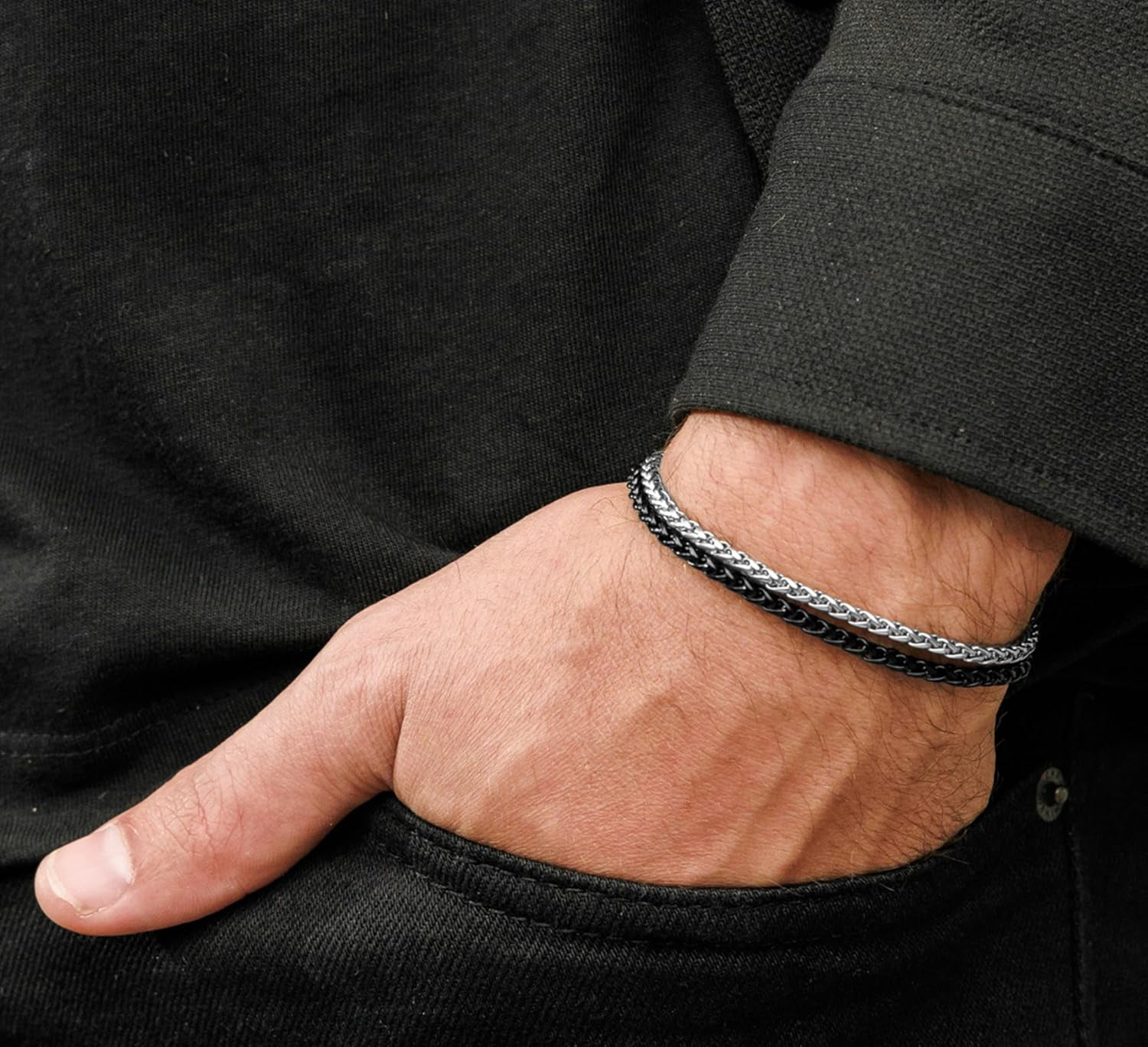 Mens Bracelet,Stainless Steel for Men, Non Tarnish Rope Chain Bracelets, Stylish Birthday Gift for Boys, Dad, Son, Boyfriend - Silver & Black 7"