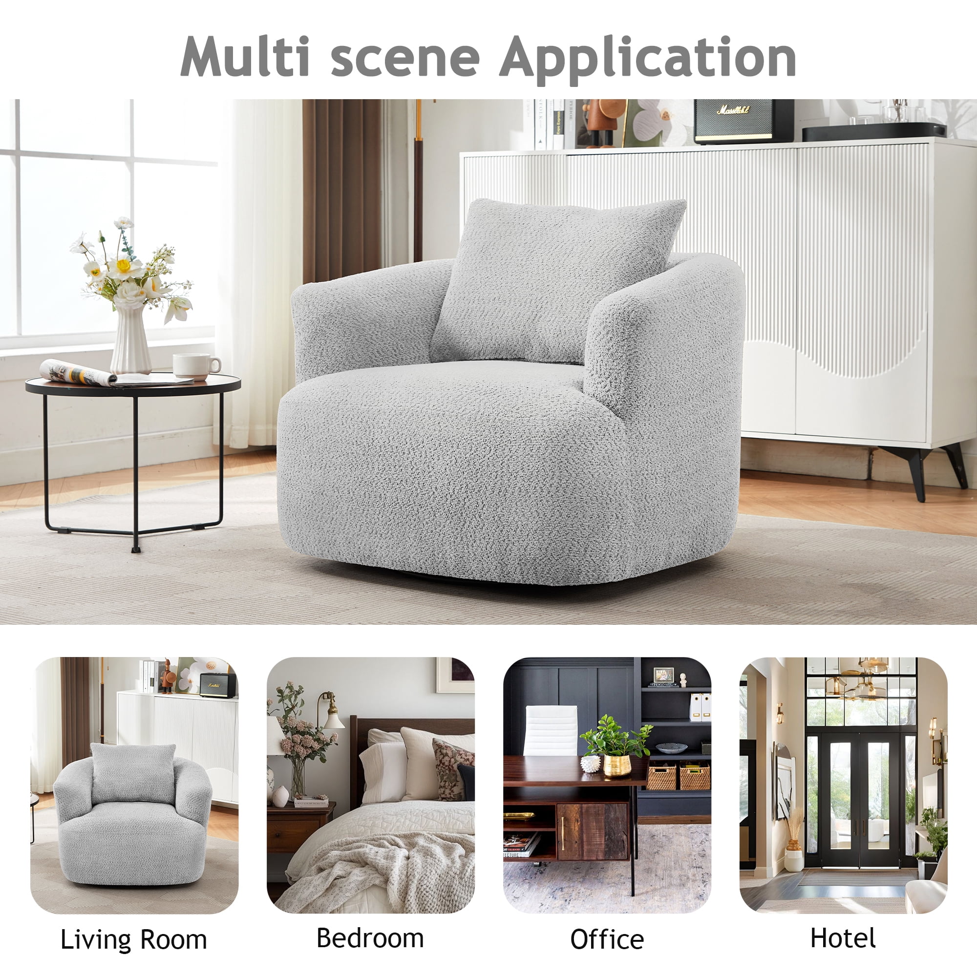 Euroco 360° Swivel Chair, 38.2" Accent Chair Sofa, Upholstered Swivel Barrel Sofa Chair with a Throw Pillow for Living Room, Bedroom, Office and Hotel, Light Grey