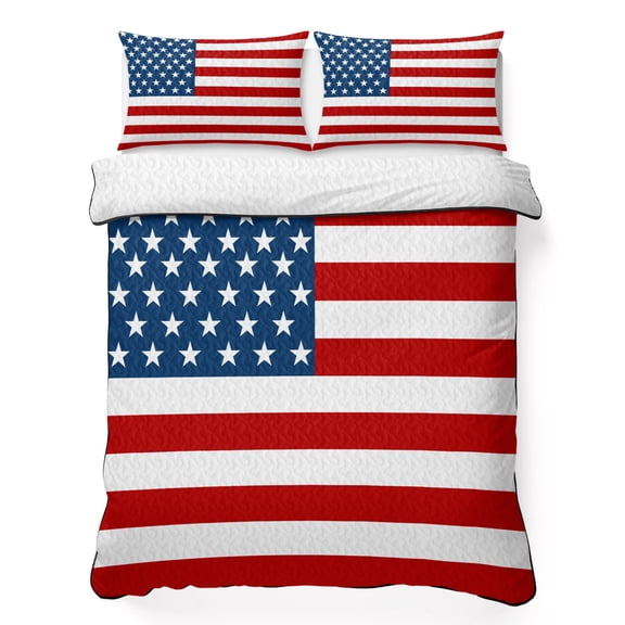 Twin XL Quilt Set 68''x98'', American Flag Lightweight Summer Bedspread Coverlet Set with 2 Pillow Shams, Blue Red USA Flag Breathable All Season Quilt Bedding for Dorm/Guest Room