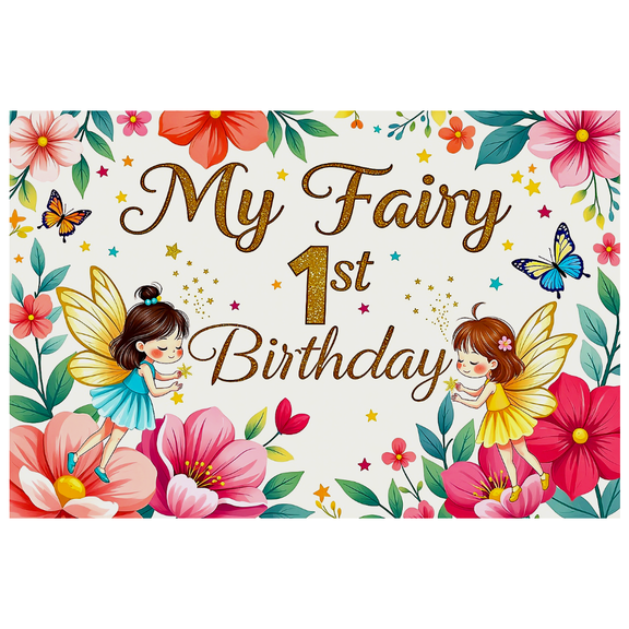 Fairy Themed First Birthday Banner with Flowers Butterflies and Stars Birthday Party Decorations Photography Props Backdrop Happy Birthday Party Supplies