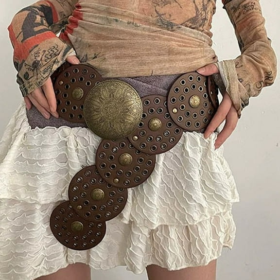 TAILTOSS 1Pcs Brown Metal Pu Hollow Disc Belt for Casual Wear Women Vintage Style 11.8x3.6x0.4in