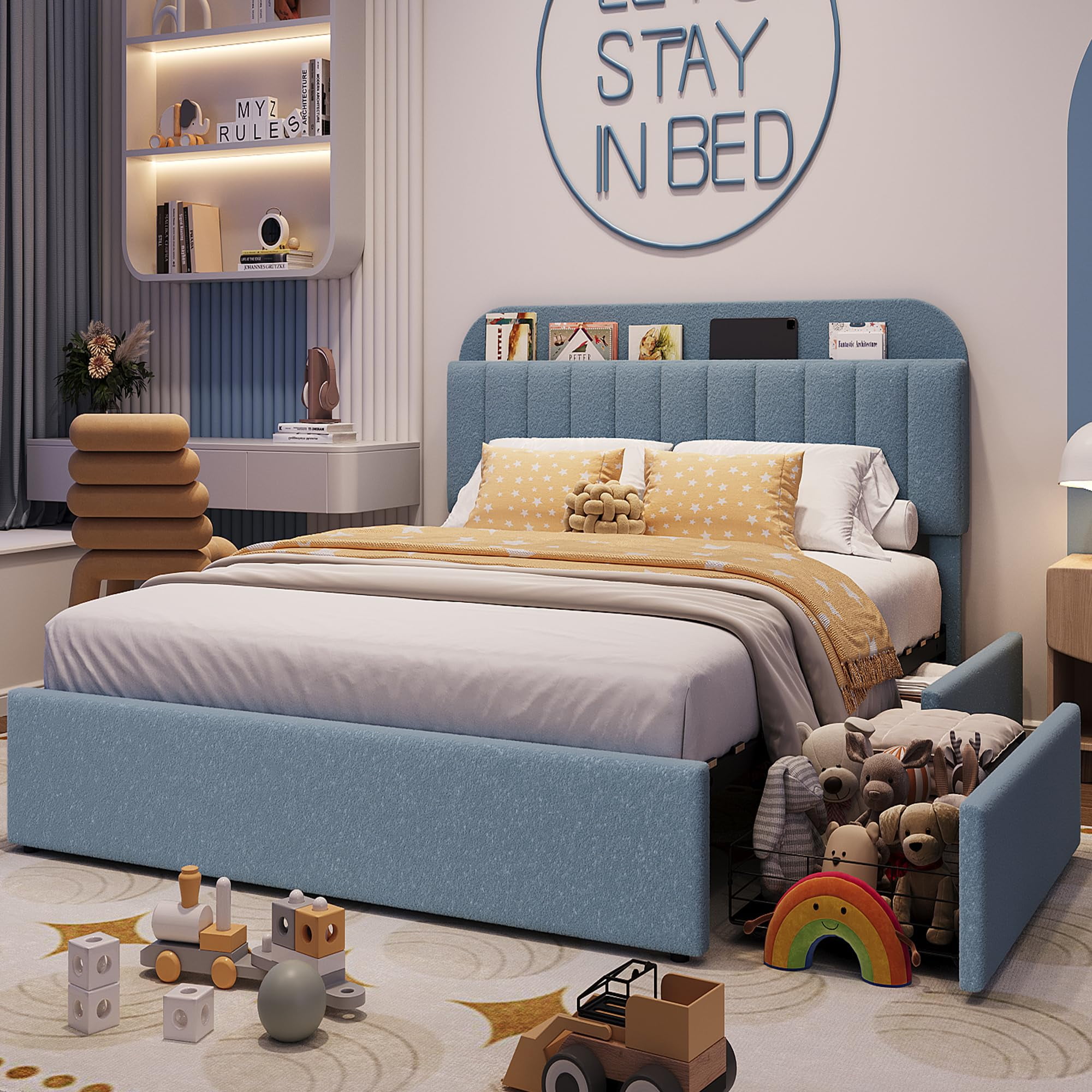 Upholstered FULL Platform Bed, FULL Size Bed Frame with Storage Underneath and Headboard, Wood Platform Bed for Bedroom (Blue)
