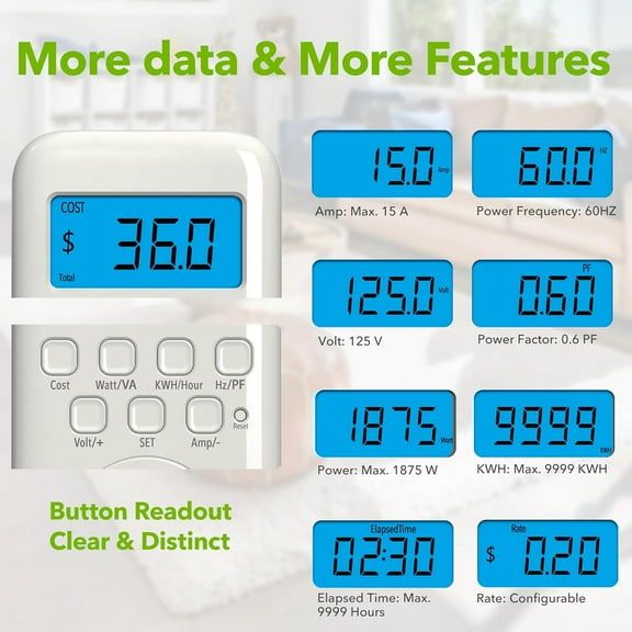 GHRTGR-Watt Meter Plug with Backlight, Plug-in Socket Power Meter Electricity Usage Monitor Consumption Home Electrical Energy Monitor, Voltage Amps Wattage Electricity Usage Tester, 9 Display Modes