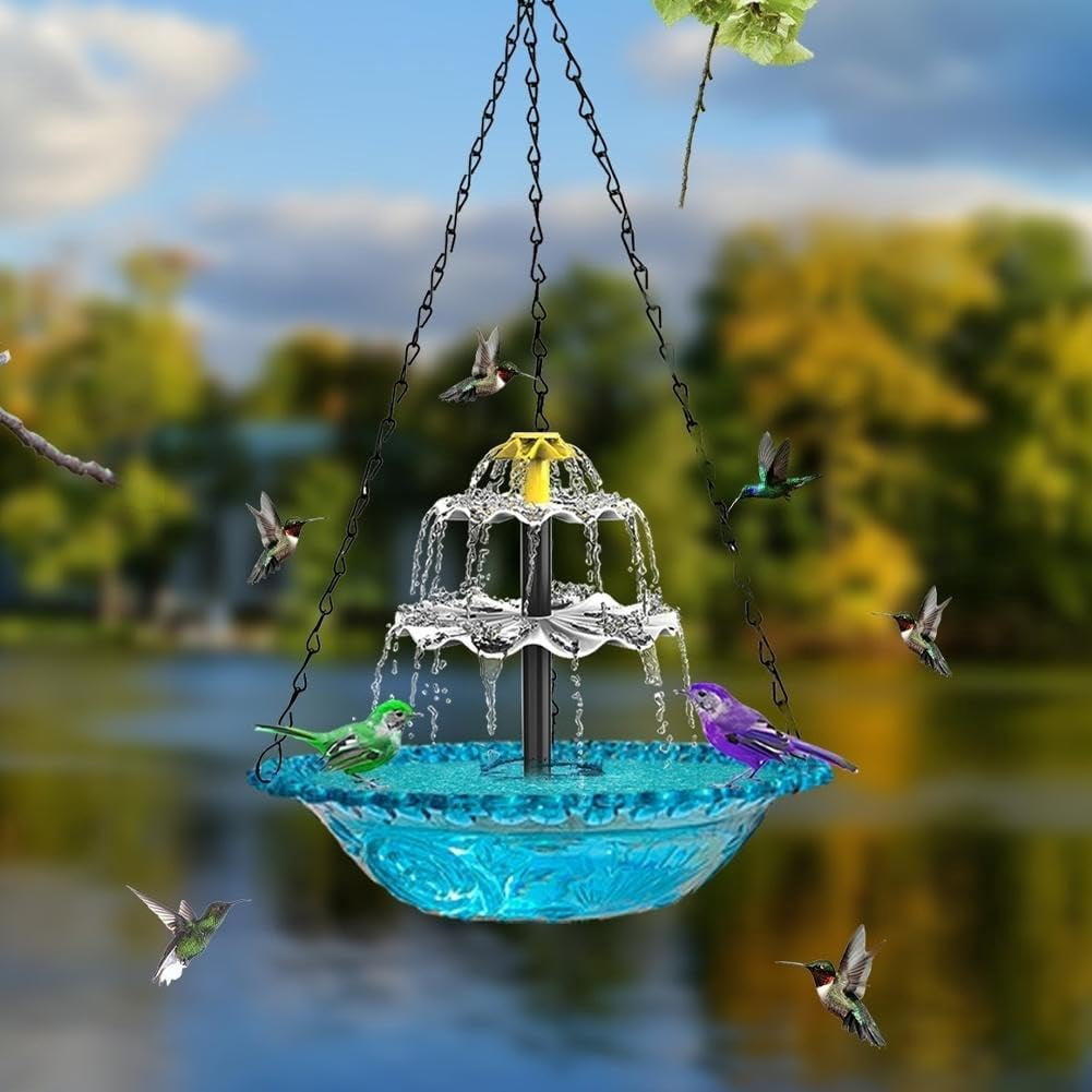 Esterze Hanging Solar Bird Bath Fountain, Solar Powered Cascading Water Fountain, Hanging Bird Bath with Solars Pump & Glass Bowl, Decorative Garden Bird BathFountain