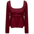 thumbnail image 5 of CUZIBR Women Square Collar T-Shirt Slim Fit Long Sleeve Button Down Thermal Underwear Top Elegant Stretchable Base Layer For Winter Spring Tee Casual Top Blouse,Red,M, 5 of 6