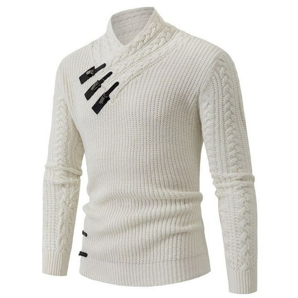 Rbaofujie Halloween Sweater Men's Semi High Neck Casual Irregular Button Knitted Long Sleeved Sweater White Mens Hoodie