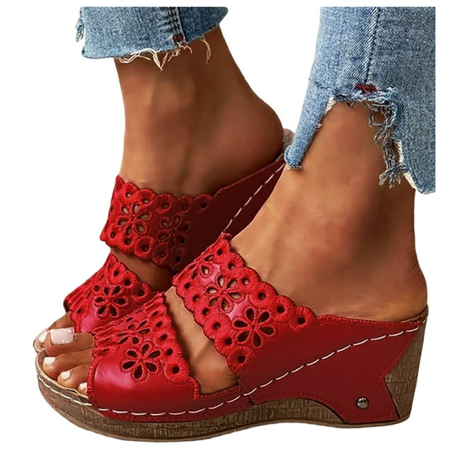 Leozcaa Sandales Compensées Larges pour Femmes à Enfiler Bout Ouvert Boho Creusé Fleur Chaussures de Plage