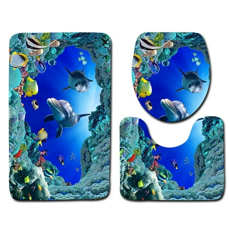 Where To Buy Bathroom Rugs 3pcs/set Blue Ocean Dolphin Printed Pattern Flannel Bathroom Set Decor Non-Slip Pedestal Rug & Lid Toilet Cover & Bath Mat ()
