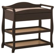 Angle View: Storkcraft Aspen Changing Table with Drawer, Espresso, Sleigh Design Changing Table with Changing Pad and Safety Strap, Oversized Drawer and Two Storage Shelves