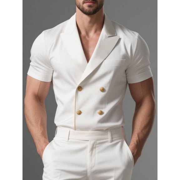 Men's White Double Breasted Suit Lapel Short Sleeve Shirt, Slim Fit Light Business Formal Top for Spring Summer Events