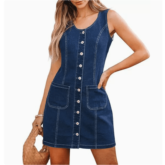 Women's Denim Dress Sleeveless Stretchy Crewneck Vintage Button Down Jean Dresses with Patch Pocket