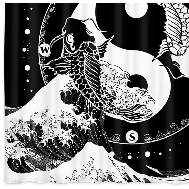 Japanese Shower Curtain, Black and White Yin Yang Koi Fish Compass